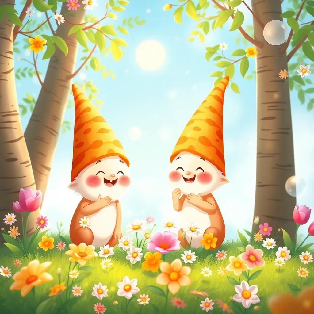 Los conejitos decorando el claro del bosque con flores de primavera, globos y cintas brillantes, con el sol brillando, risas en el aire, illustration, joyful, child-friendly, high quality