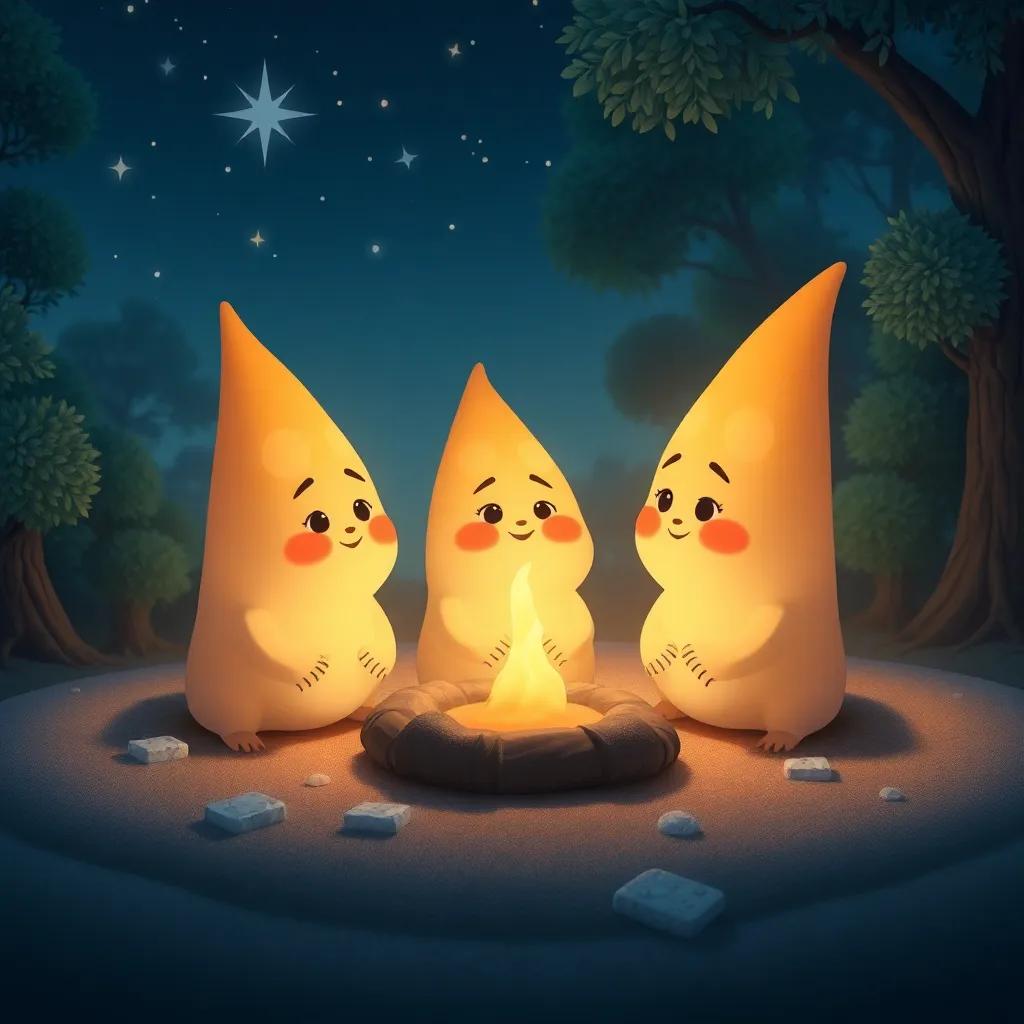Conejitos sentados alrededor de una fogata, mirando las estrellas, con sonrisas en sus rostros, los árboles del bosque a su alrededor, heartwarming, soft colors, uplifting imagery, high quality