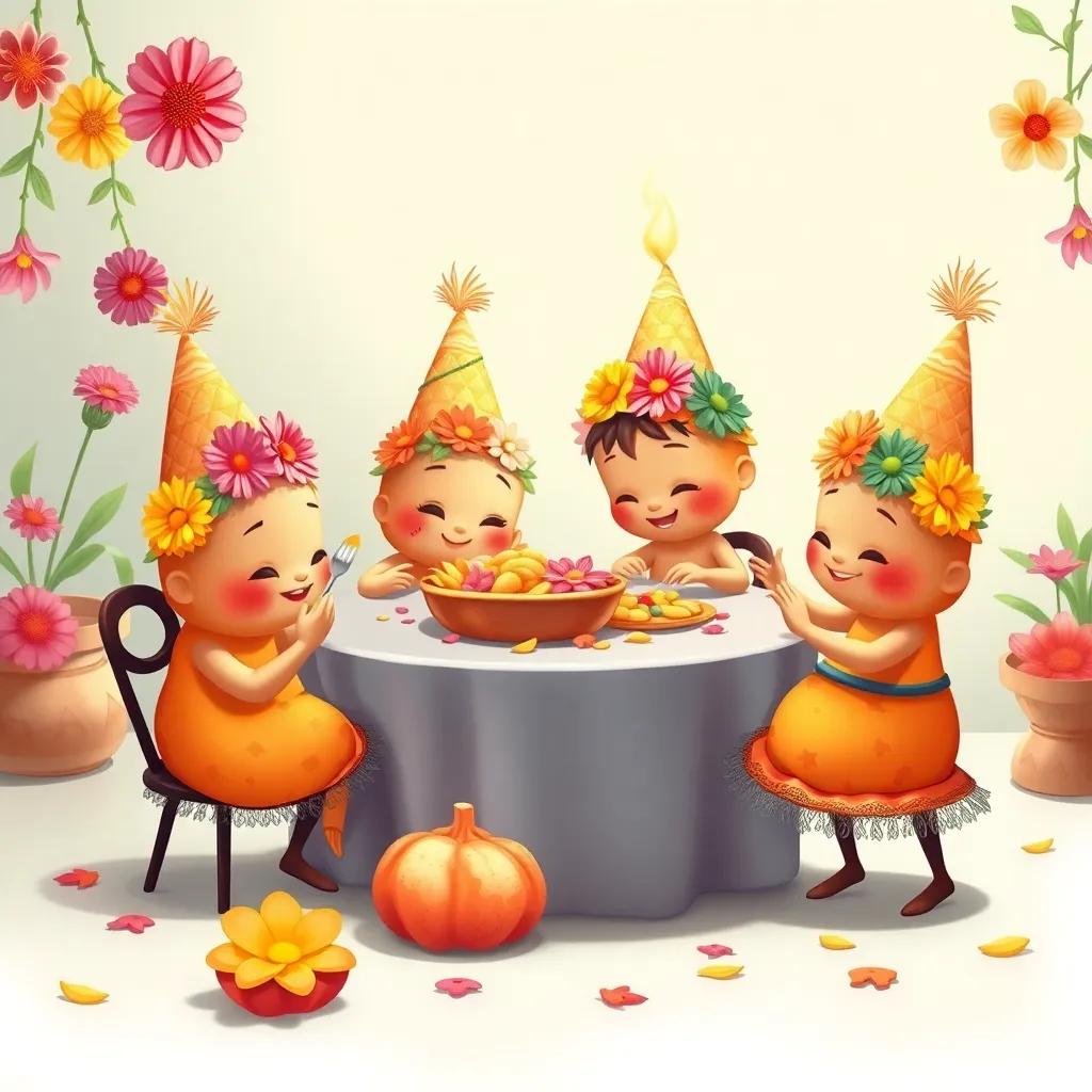 Conejitos decorando con flores de colores, unos en una mesa horneando pastas de zanahoria, otros practicando bailes en un claro, dibujado con alegría y vida, color brillante, escena divertida, arte infantil