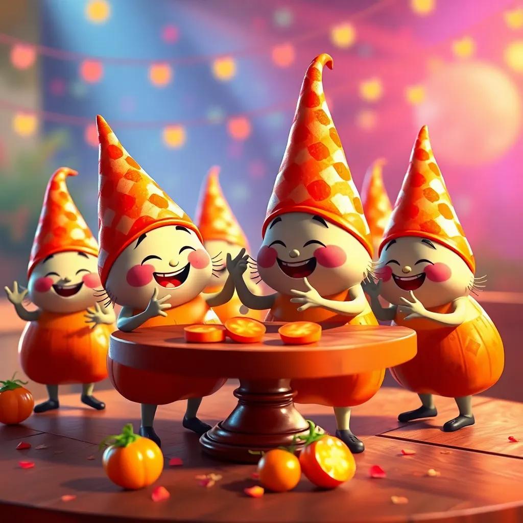Conejitos reunidos en un claro, bailando al son de la música, con zanahorias sobre la mesa, todos con expresiones de felicidad y emoción, digital, colores vibrantes, ambiente festivo, calidad alta
