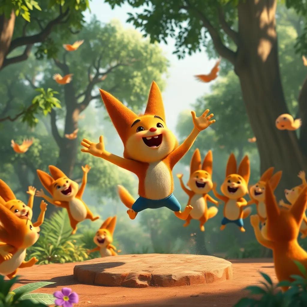 Conejito Tico en un concurso de saltos, rodeado de amigos animando y riendo, un bosque lleno de vegetación, conejitos dando saltos al aire, ilustración dinámica, energía positiva, colores alegres, arte animado