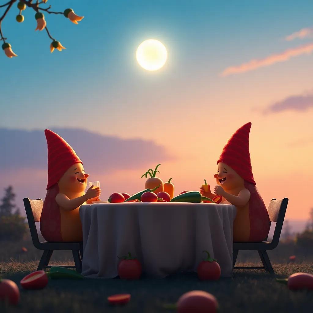 Conejitos sentados alrededor de una mesa repleta de zanahorias, compartiendo historias y risas bajo un cielo azul iluminado por el sol de la tarde, calidez en la escena, bello, emotivo, arte digital, calidad alta