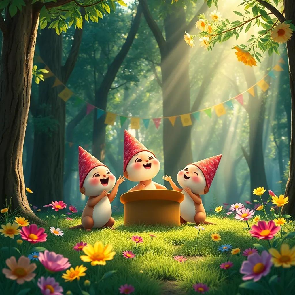 Un bosque animado con conejitos organizando una fiesta, alegres y emocionados, un claro lleno de flores coloridas y rayos de sol, digital art, vibrante, alegre, cálido y acogedor, alta calidad