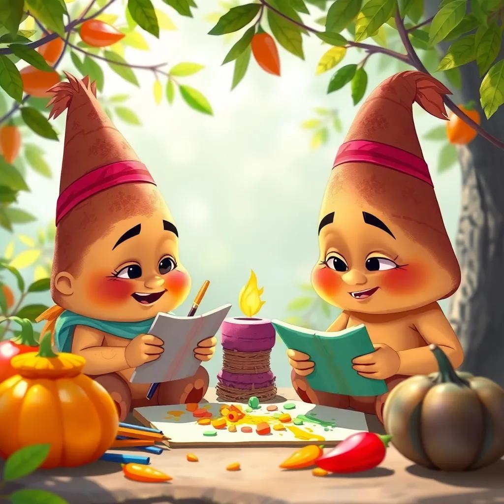 Conejitos pintando carteles coloridos y preparando zanahorias, con escenario de ramas y hojas, con una expresión de concentración, ilustración, animada y festiva, colores brillantes, vista alegre