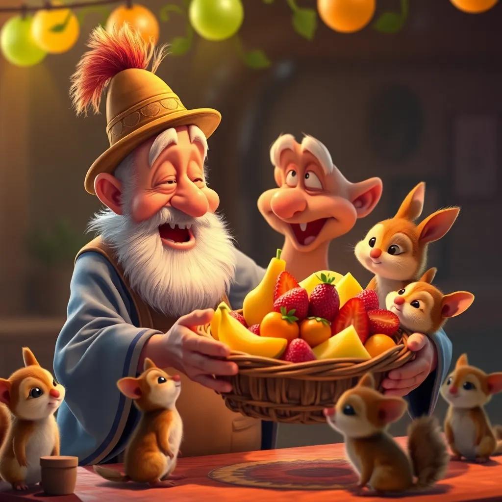 Un viejo búho sabio acercándose a la fiesta con una canasta de frutas frescas, sonriendo y rodeado de conejitos, atmósfera cálida y acogedora, detallado, enfoque en los personajes