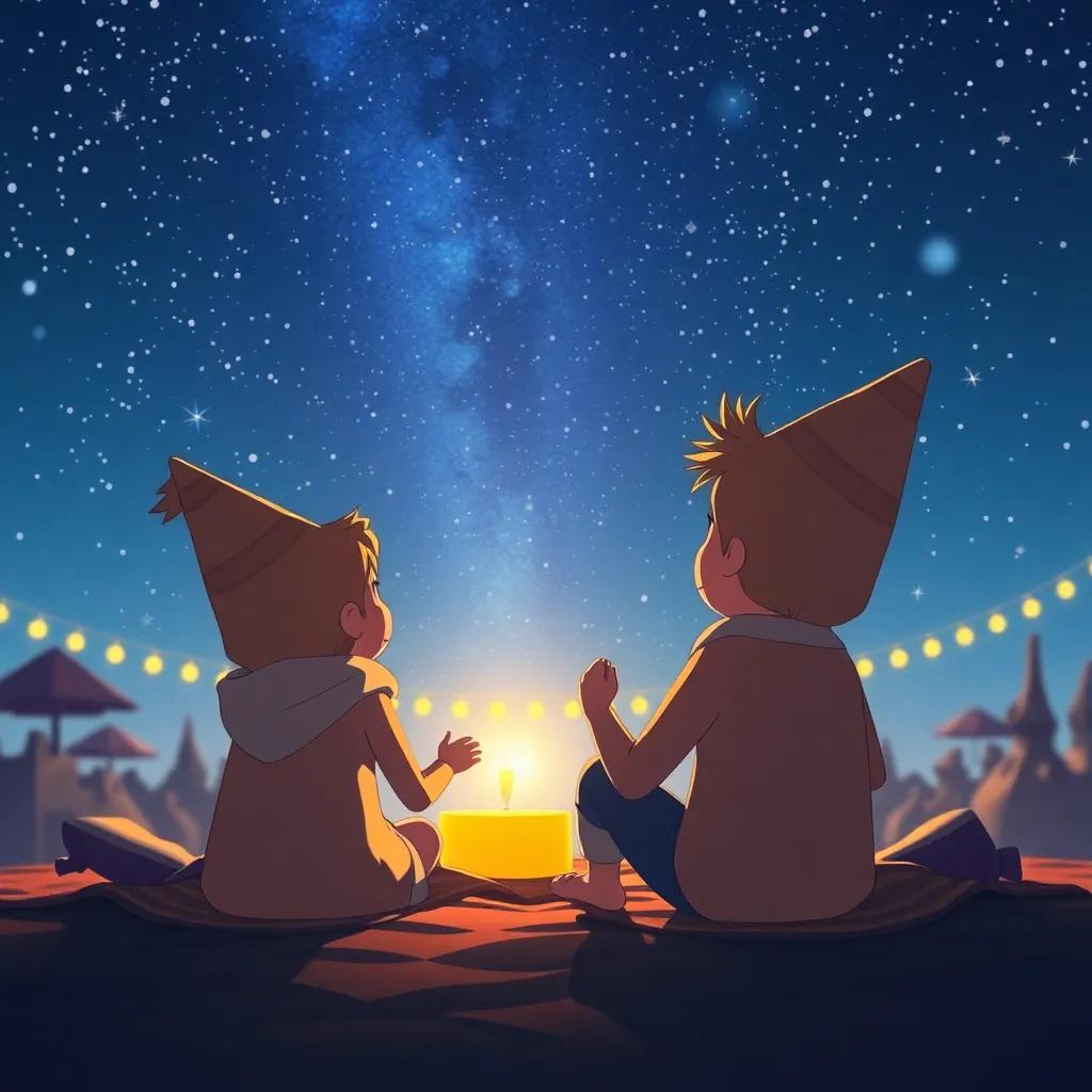 Conejitos sentados mirando un cielo estrellado al final de la fiesta, sonriendo y recordando momentos felices, con un brillo especial en sus ojos, ilustración, tonos suaves, ambiente nostálgico
