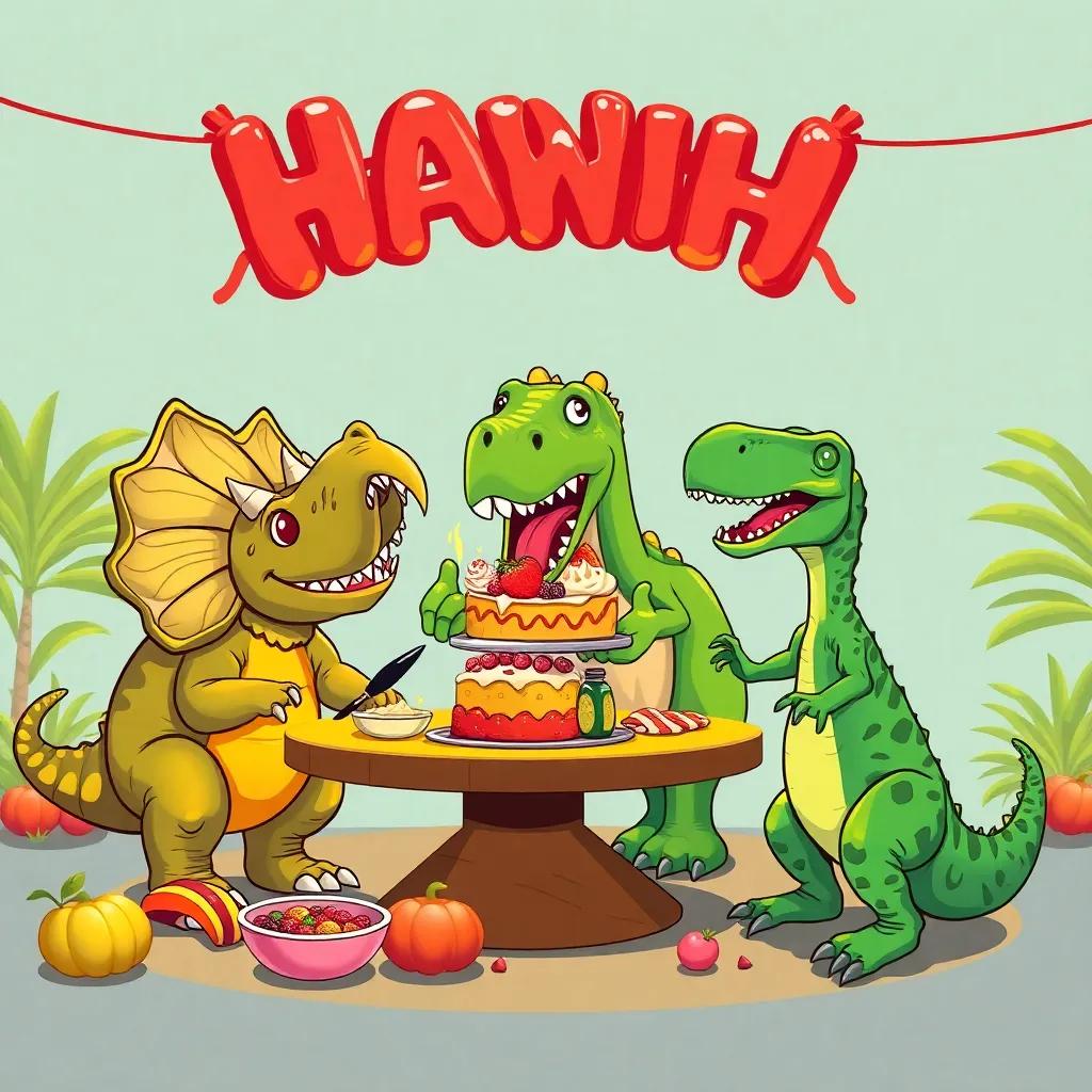 Un Triceratops preparando comida, un Brontosaurio trayendo un gran pastel, y un Velociraptor organizando juegos divertidos, colorido, caricaturesco, festivo