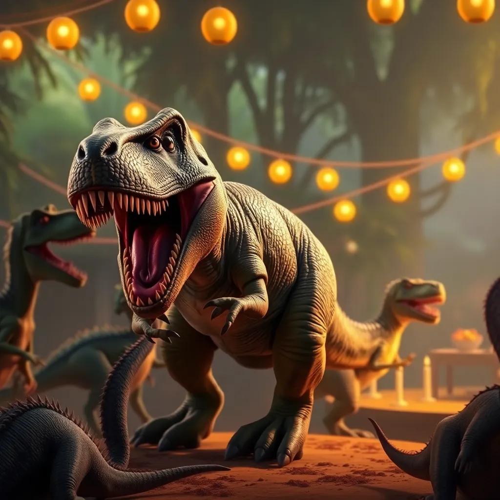 Un T-rex que llega a una fiesta, bailando entre otros dinosaurios, todos riendo y disfrutando en un entorno prehistórico, encantador, luz del día