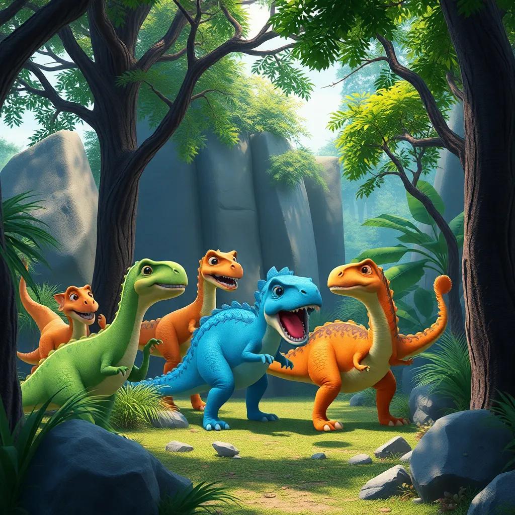 Un grupo de dinosaurios jugando al escondite detrás de árboles y rocas, todos riendo y buscando, ambiente divertido, colorido, animado