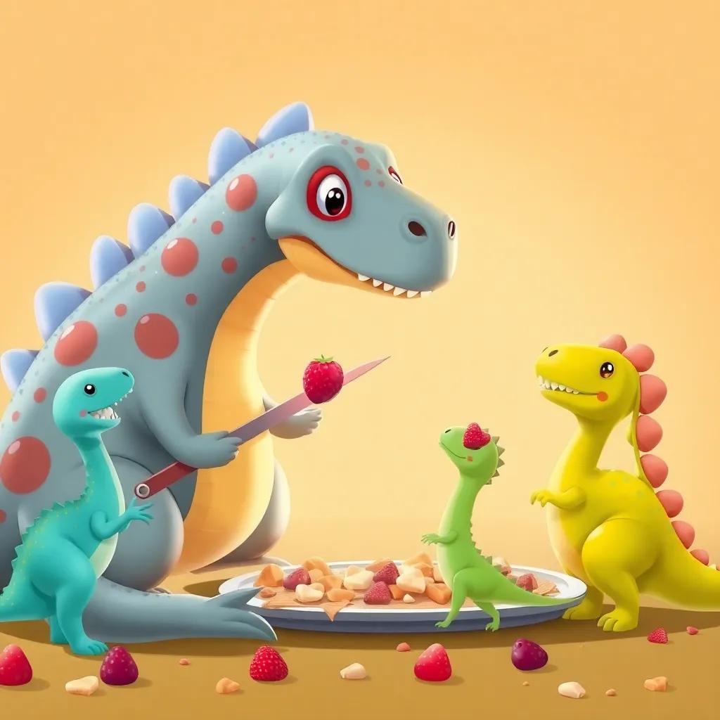 Brontosaurio cortando un pastel de chocolate con fresas, dinosaurios en fila esperando su parte, dulce, cálido, alegre