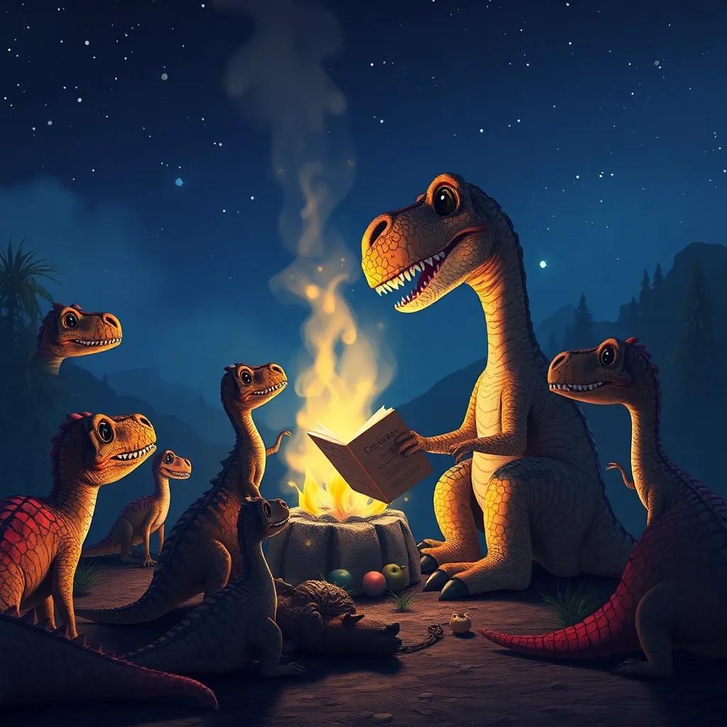 Un dinosaurio contando una historia alrededor de una fogata, otros dinosaurios escuchando con atención, noche estrellada, cálido, vibrante