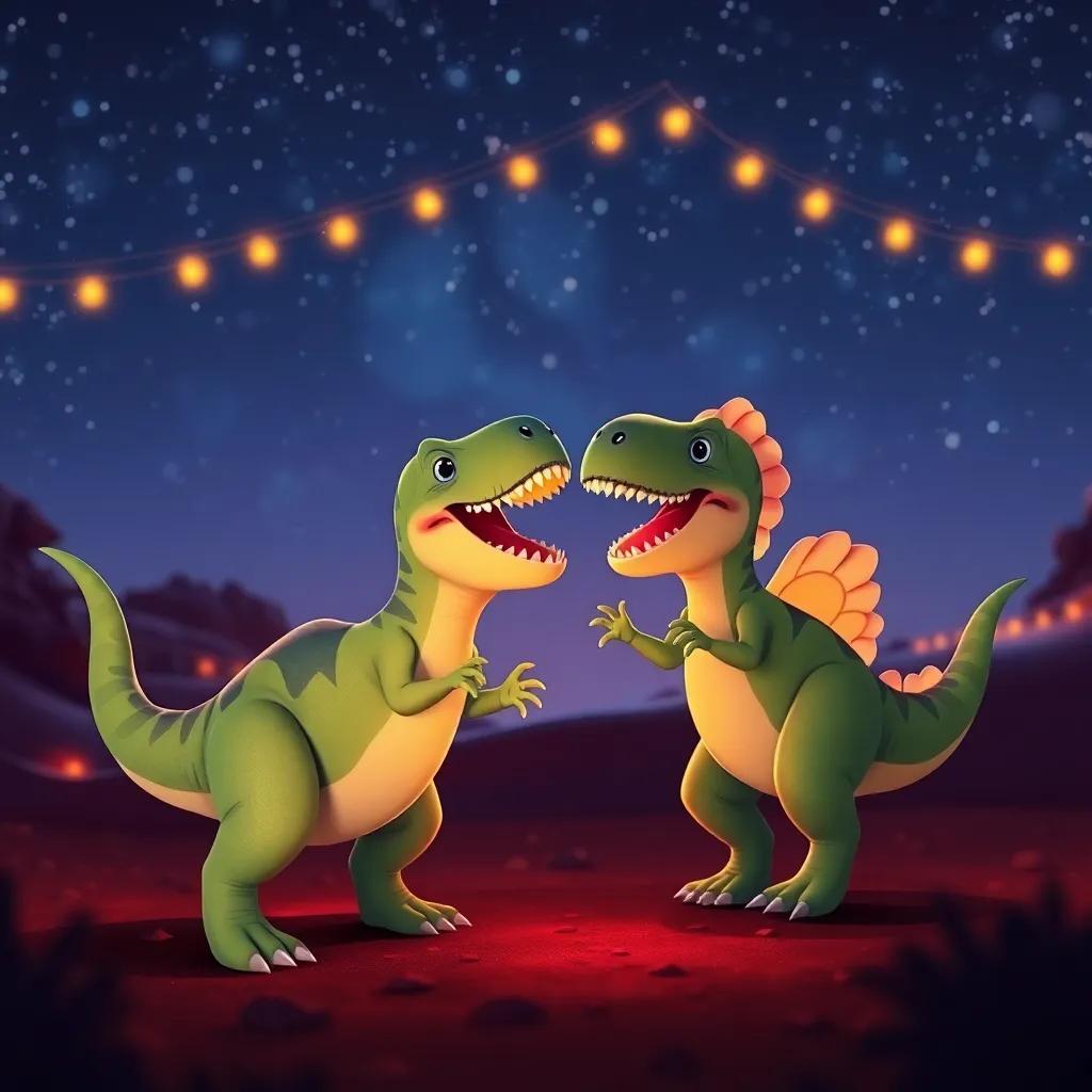 Dinosaurios cantando y bailando juntos, llenos de felicidad, bajo una noche estrellada, ambiente festivo, emocionante, iluminado