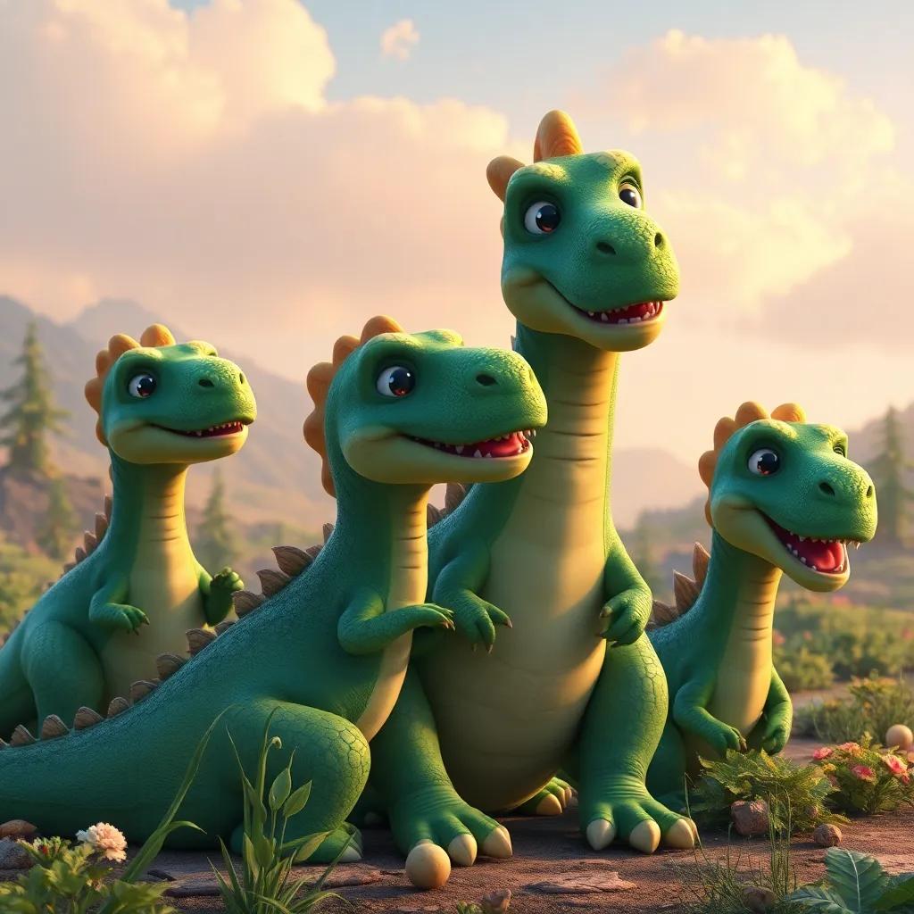 Un grupo de dinosaurios despidiéndose de sus amigos con sonrisas en sus caras, en un hermoso paisaje prehistórico, nostálgico, encantador