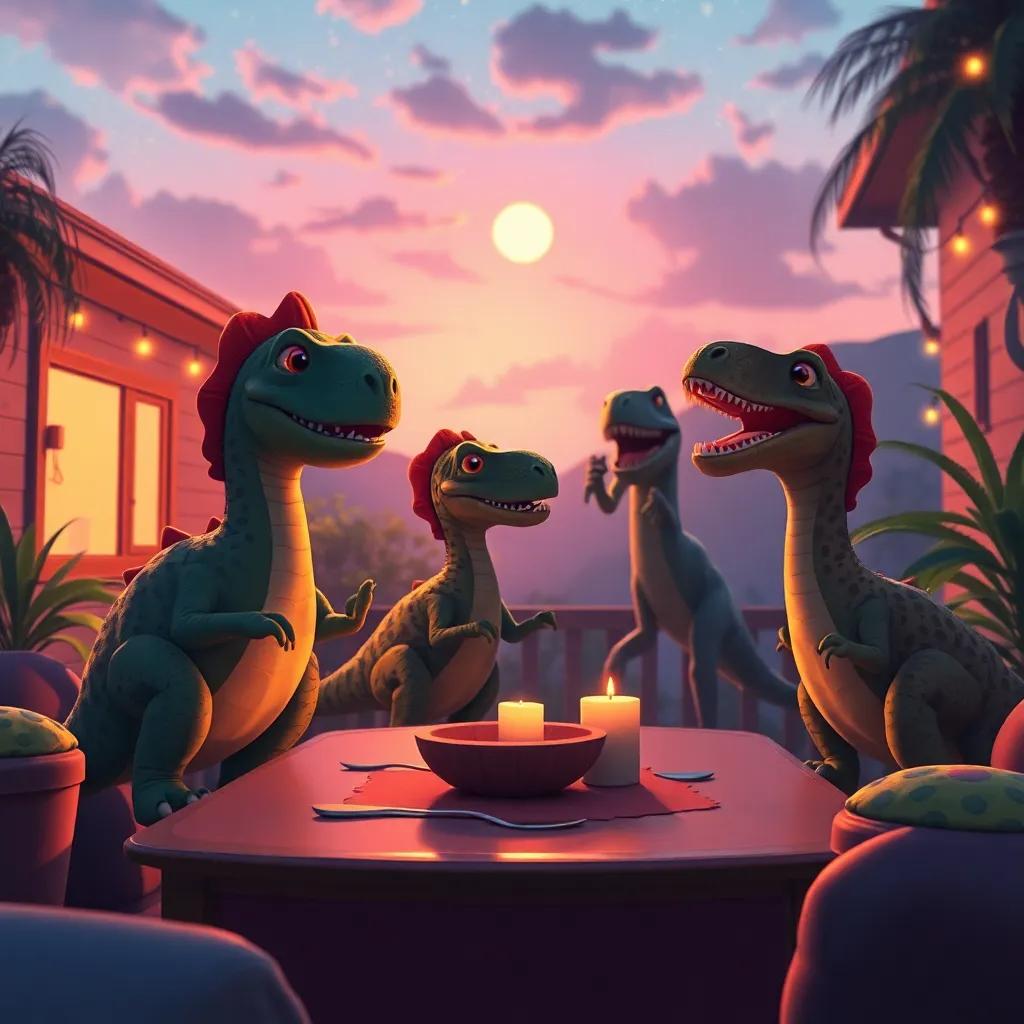 Una imagen final de los dinosaurios felices en casa, mientras el sol se oculta, reflexionando sobre su gran fiesta, suave, melancólico, rico en color