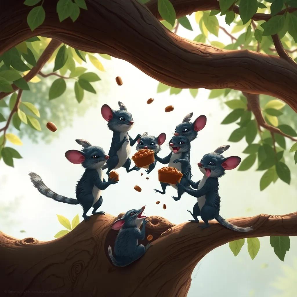 Un grupo de ardillas saltando con alegría alrededor del árbol, comiendo nueces cubiertas de chocolate, jugando entre las ramas