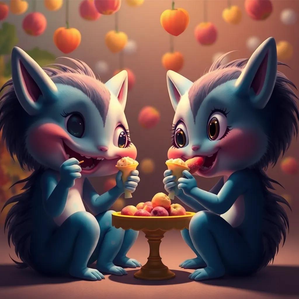 Unas liebres con grandes orejas y colas esponjosas, comiendo gomitas de fruta, brincando y bailando en un círculo