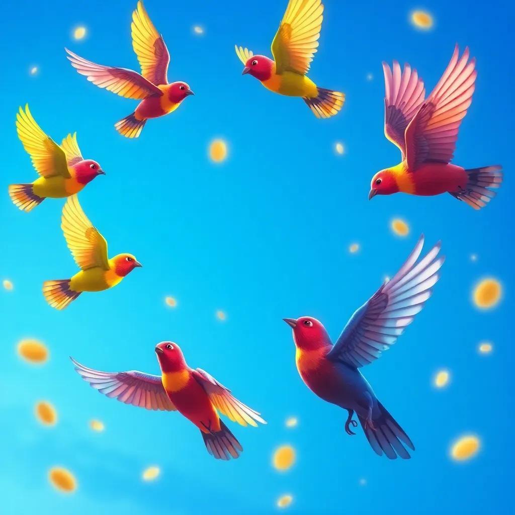 Aves coloridas volando de rama en rama, comiendo caramelos brillantes, creando una melodiosa canción, con un cielo azul de fondo