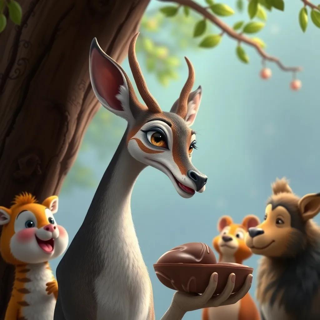 Un ciervo elegante mirando alrededor, recibiendo galletas con chispas de chocolate del árbol, con otros animales felices a su alrededor