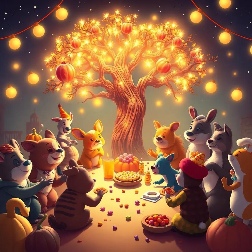 Una escena de la fiesta con todos los animales riendo, jugando y disfrutando de los dulces, con un árbol iluminado por luces mágicas
