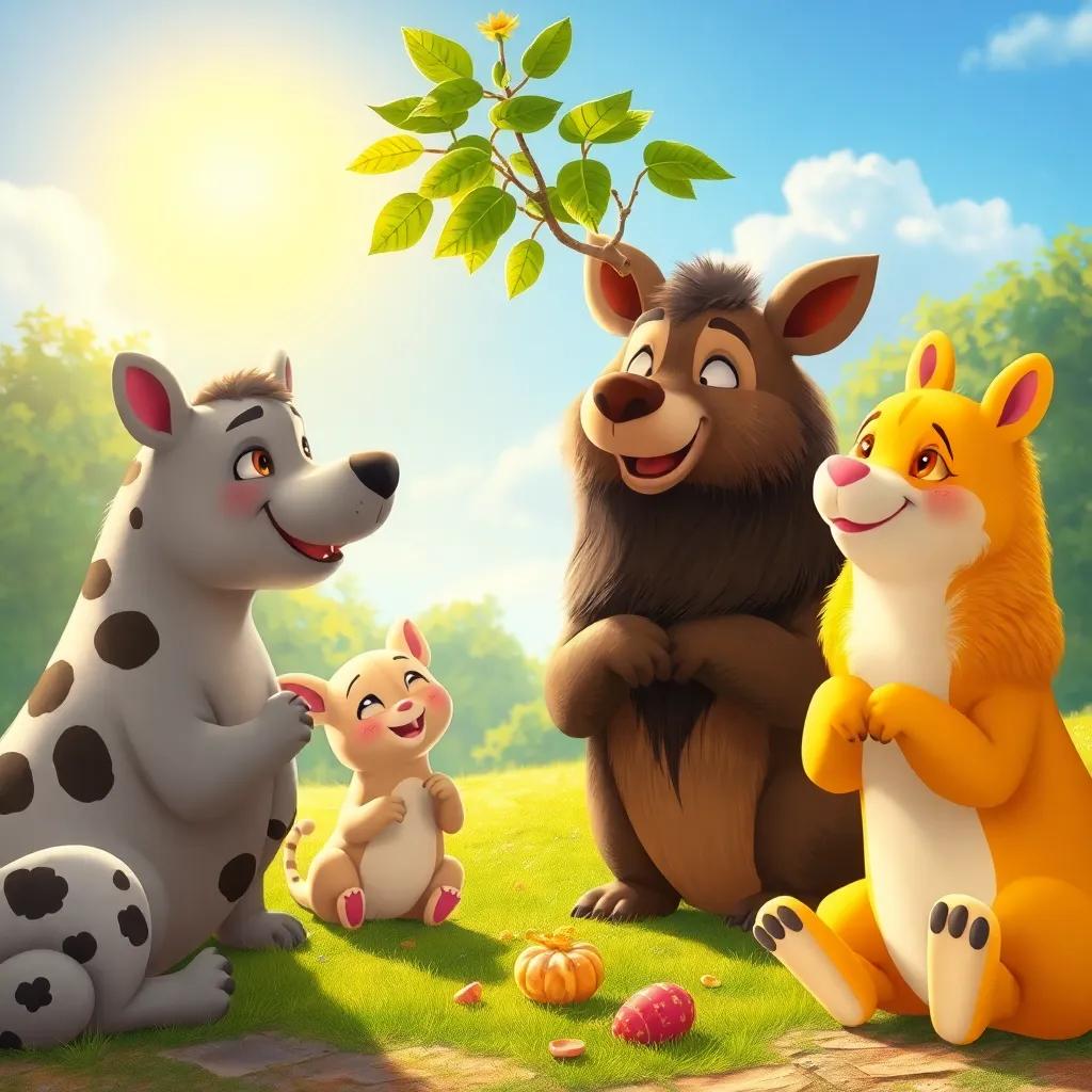 El sol poniéndose mientras los animales agradecen al árbol, con sonrisas y dulces en sus patas