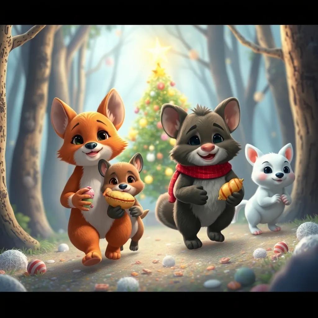 Un grupo de animales saliendo del bosque felices, con dulces en sus pancitas, dejando atrás un árbol mágico y festivo