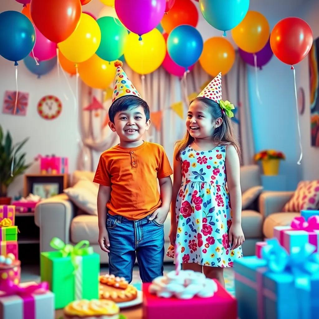 A bright and colorful birthday party filled with balloons, sweets, and gifts, a happy young boy (Hispanic, 5 years old, wearing a birthday hat, jeans, and a T-shirt) and his sister (Hispanic, 7 years old, wearing a colorful dress) smiling and laughing together, in a cheerful living room decorated for celebration, digital art, vibrant colors, joyful atmosphere, high quality