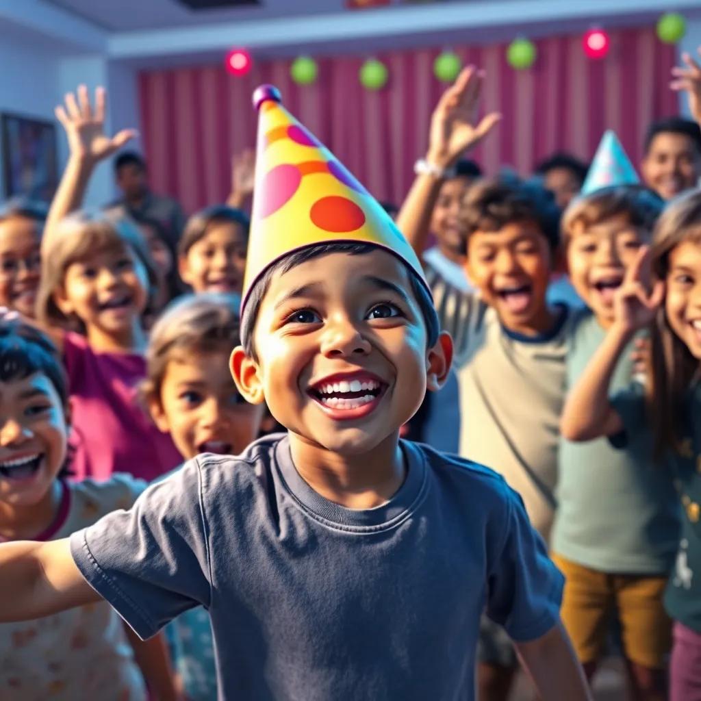 A lively scene of children singing and dancing during a birthday party, Juan (Hispanic, 5 years old, wearing a birthday hat) leading the show with a big smile, surrounded by laughing friends (Hispanic children of various ages) and family in the background, digital painting, action-packed, colorful and joyful, captivating perspective, high detail