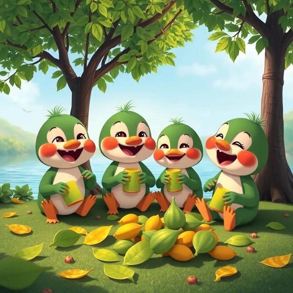Los patitos recolectando hojas para juegos, algunos están felices y otros emocionados, con árboles verdes alrededor y el lago de fondo, ilustración, divertida, animada