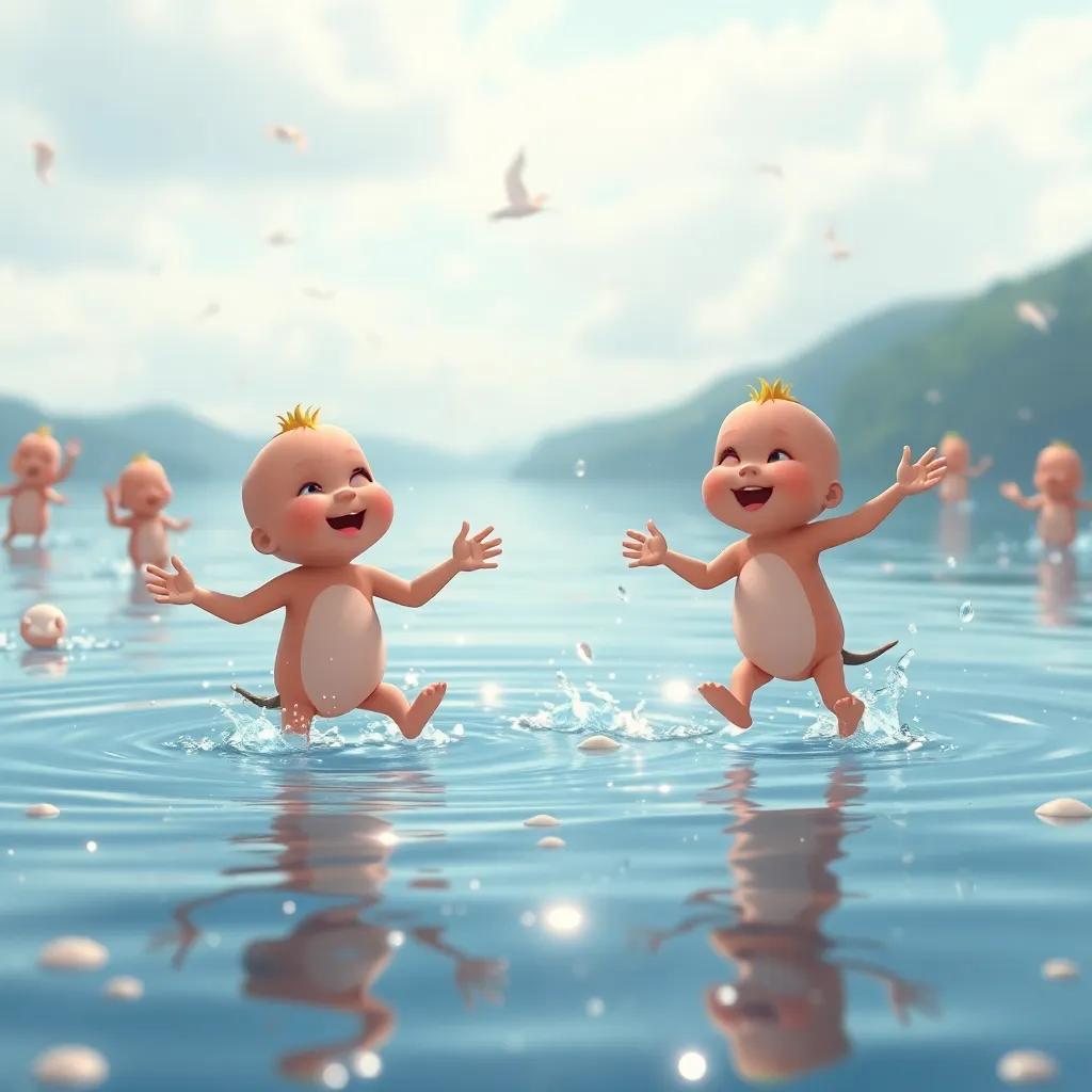 Patitos jugando en el agua, bailando al ritmo de la música, el lago lleno de chapoteos y risas, patitos de varios colores, escena alegre, arte colorido