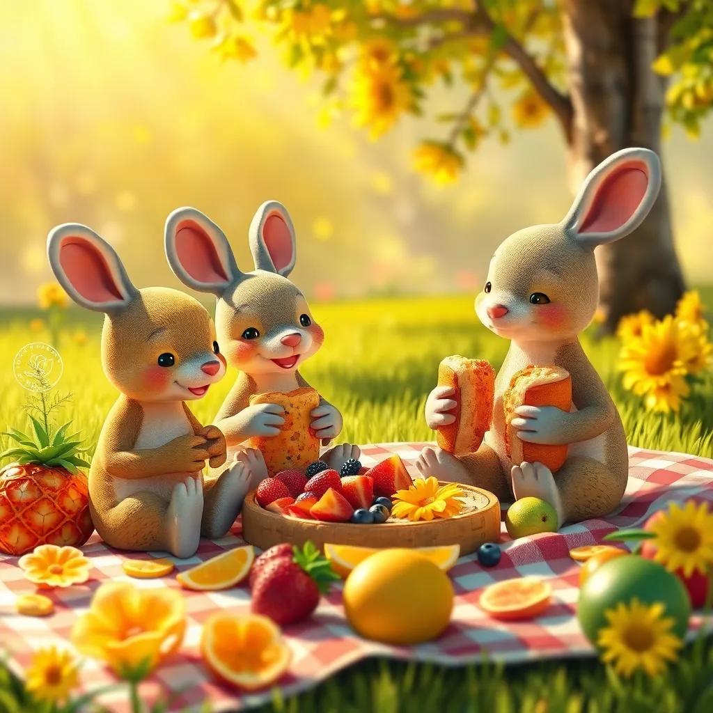 Un picnic con deliciosos bocadillos, los patitos sentados en la orilla, compartiendo semillas de girasol y frutas, colorido, ambiente cálido y acogedor