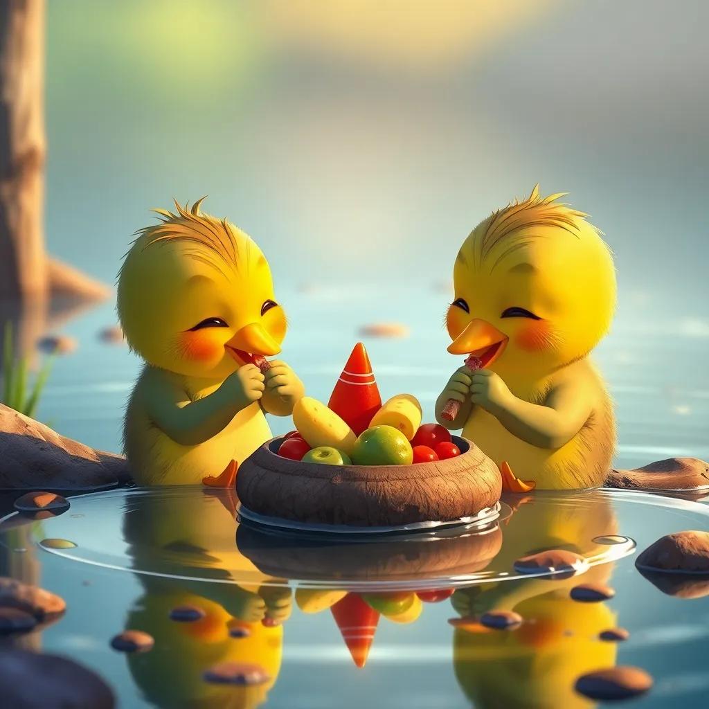 Patitos compartiendo su comida en la orilla del lago, todos felices probando diferentes bocados, ilustración con colores brillantes, acogedora y alegre