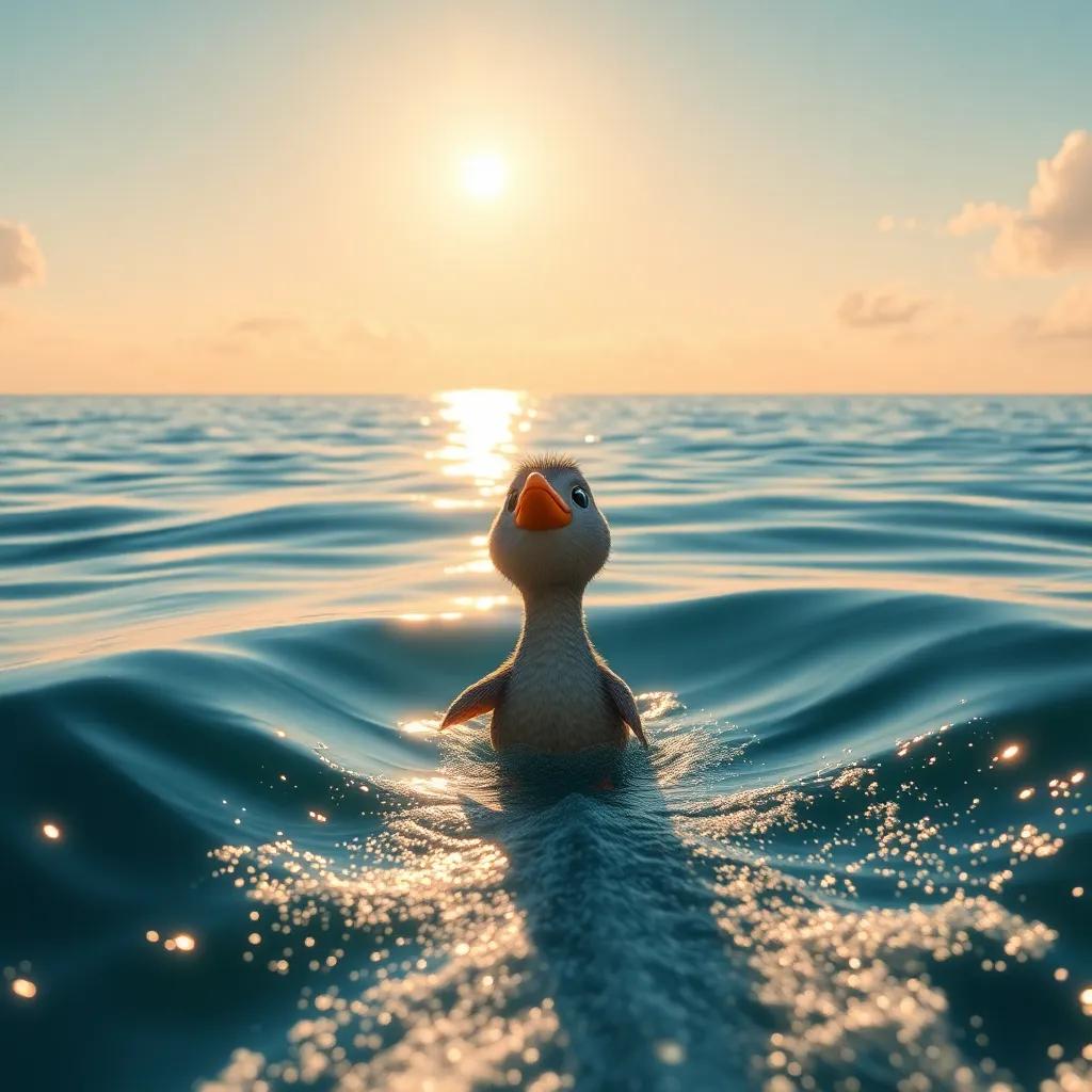 El patito Pipo nadando rápidamente hacia la meta, con el sol brillando sobre el agua, natural, perspectiva desde arriba, vista emocionante, arte digital