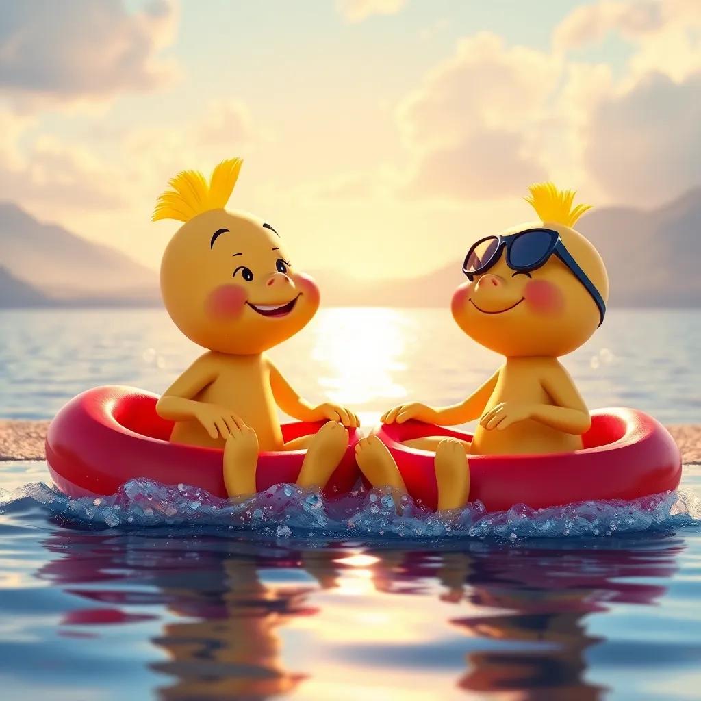 Patitos riendo y disfrutando después de la carrera, todos se ven felices y unidos, con el lago y el cielo despejado al fondo, arte vibrante, luz cálida