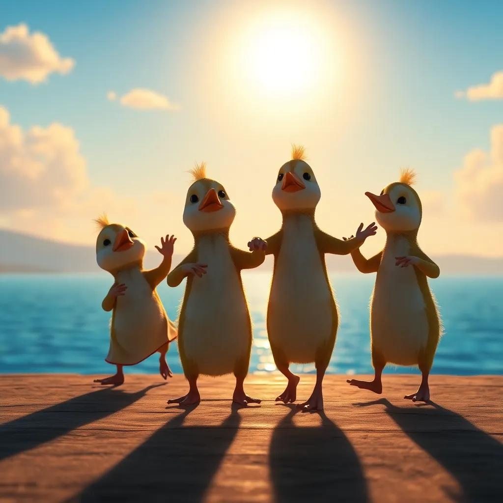 Patitos bailando bajo el sol hacia el final del día, con música y sonrisas, el lago refleja la luz del atardecer, un ambiente de fiesta feliz