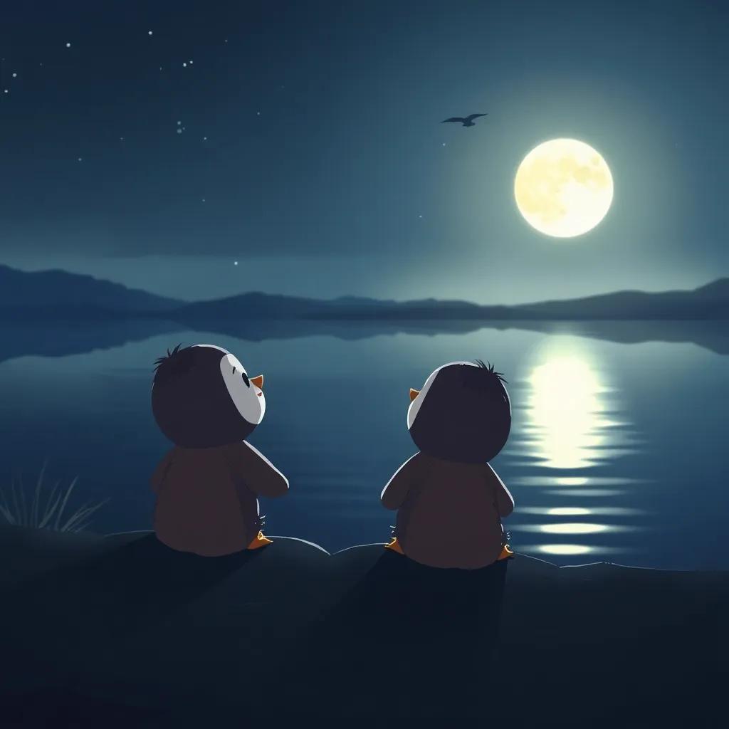 Patitos mirando el lago iluminado por la luna al final del día, cansados pero felices, calma y tranquilidad en el paisaje nocturno, ilustración suave y acogedora
