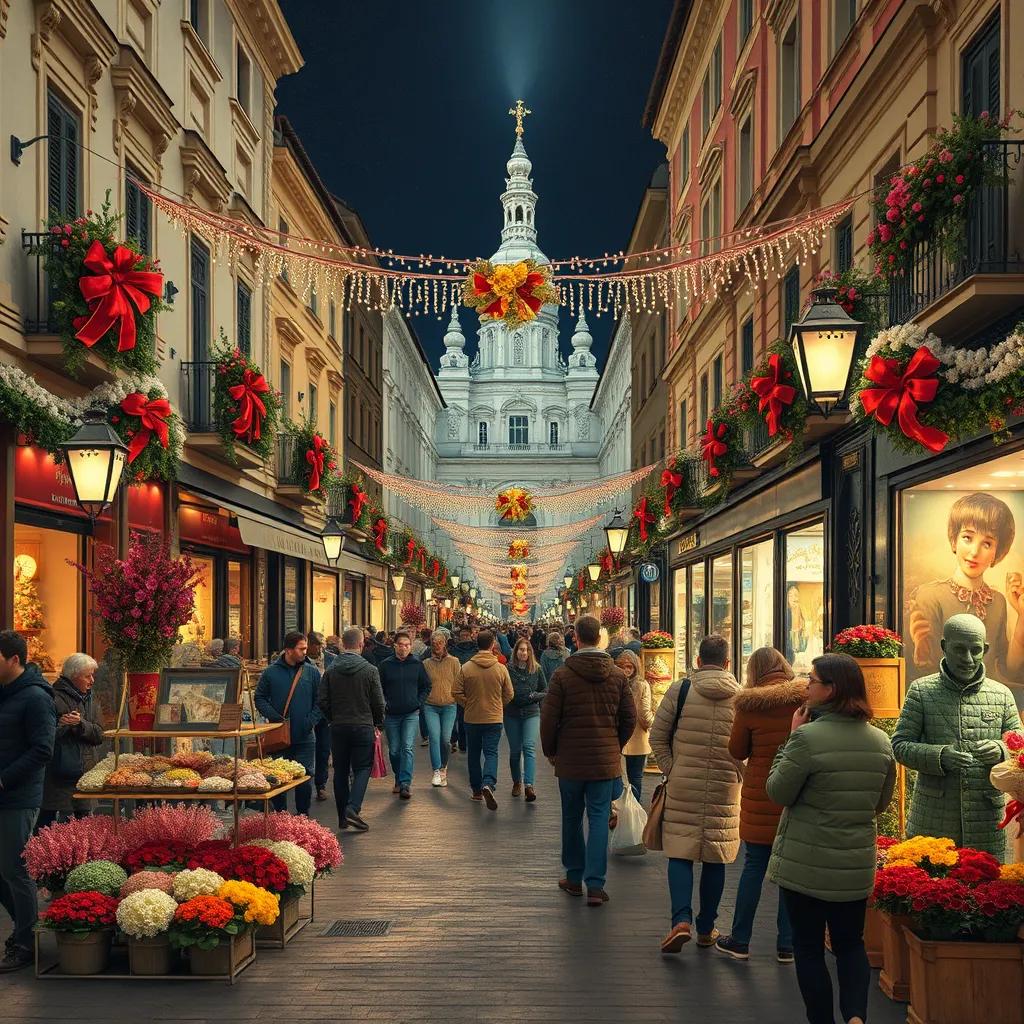 The city streets are decorated with flowers and lights, showcasing a festive atmosphere with people preparing for a celebration, colorful decorations everywhere.