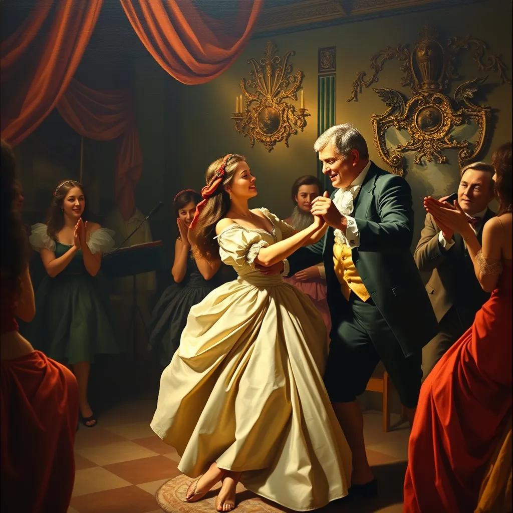 The party scene with music playing, Gabriela dancing with her father, everyone around them clapping happily, showing excitement and joy.