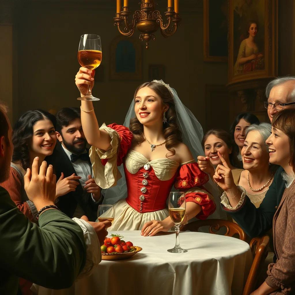 Gabriela raising her glass during the toast, a warm atmosphere with family and friends gathered around, all smiling and cheering for her.