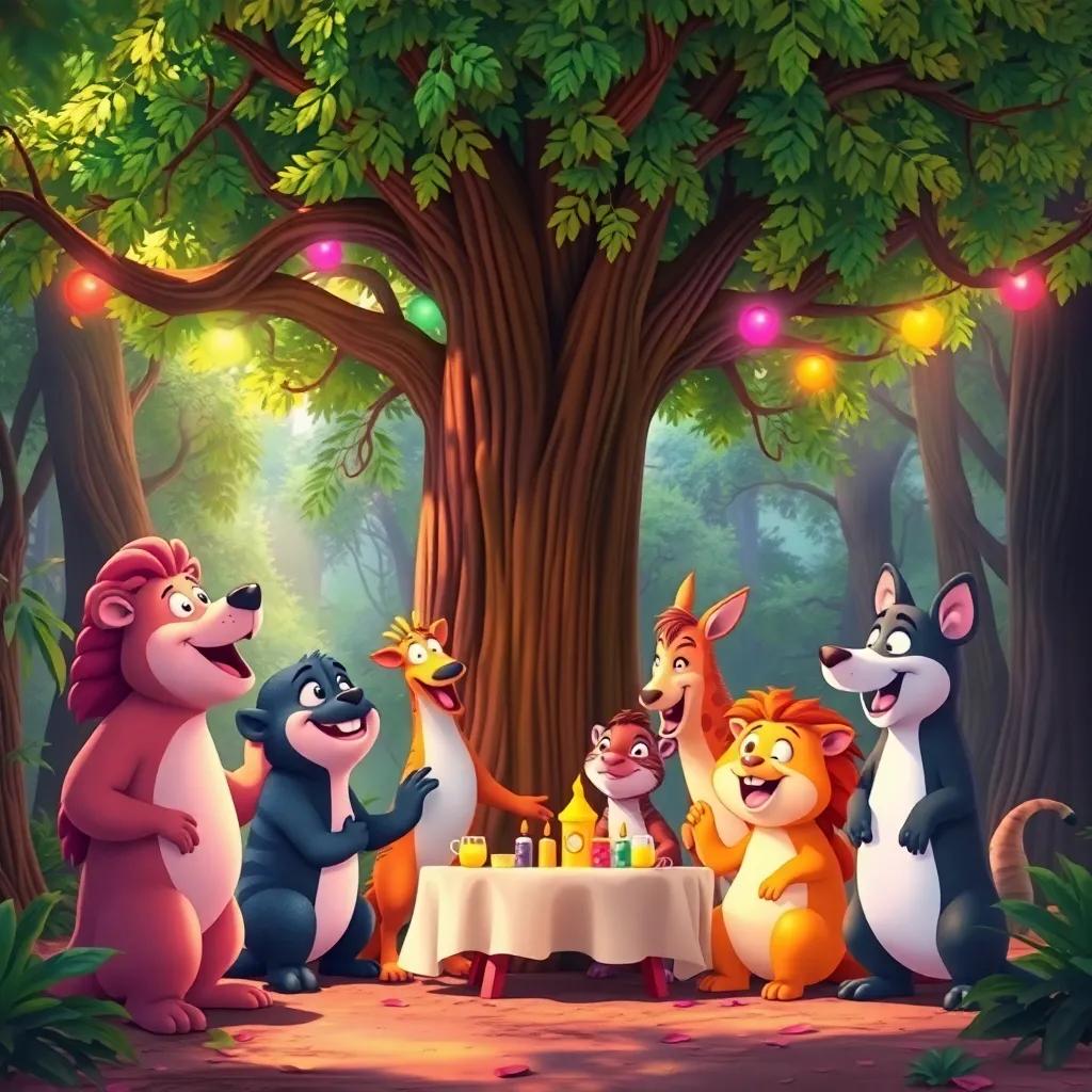Un grupo de animales del bosque emocionados, organizando una fiesta bajo un árbol grande y colorido, con colores vibrantes en el fondo, digital art, alegre, cálido