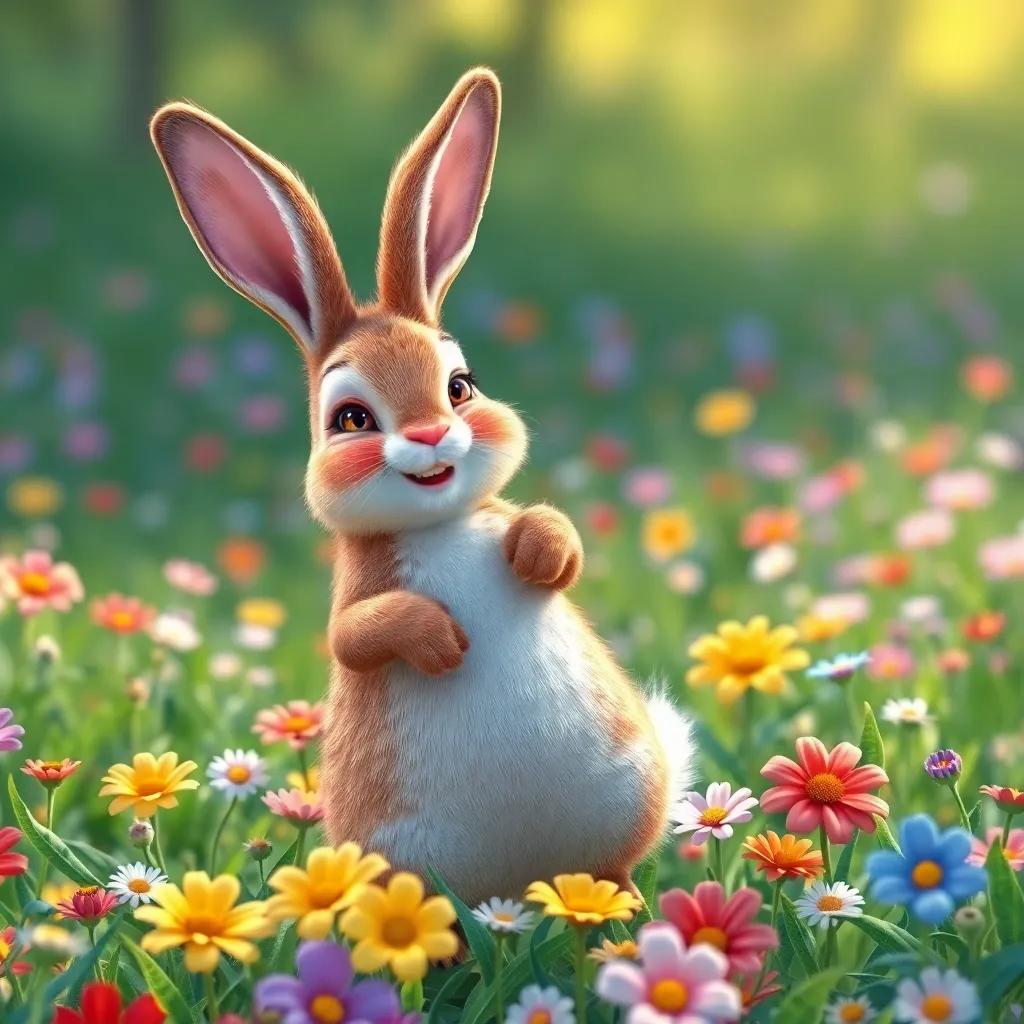 Un conejo feliz con zanahorias de muchos colores, saltando en un campo verde lleno de flores, ilustración, divertido, brillante y colorido
