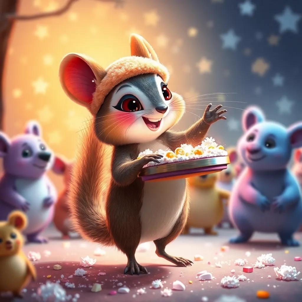 Una ardilla con una cesta llena de nueces brillantes, bailando entre otros animales, colorido y alegre, animado