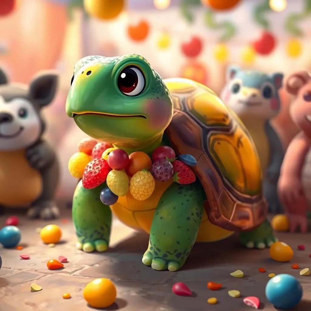 Una tortuga con un pastel de frutas, rodeada de otros animales, en un ambiente festivo, digital painting, festivo, llena de alegría