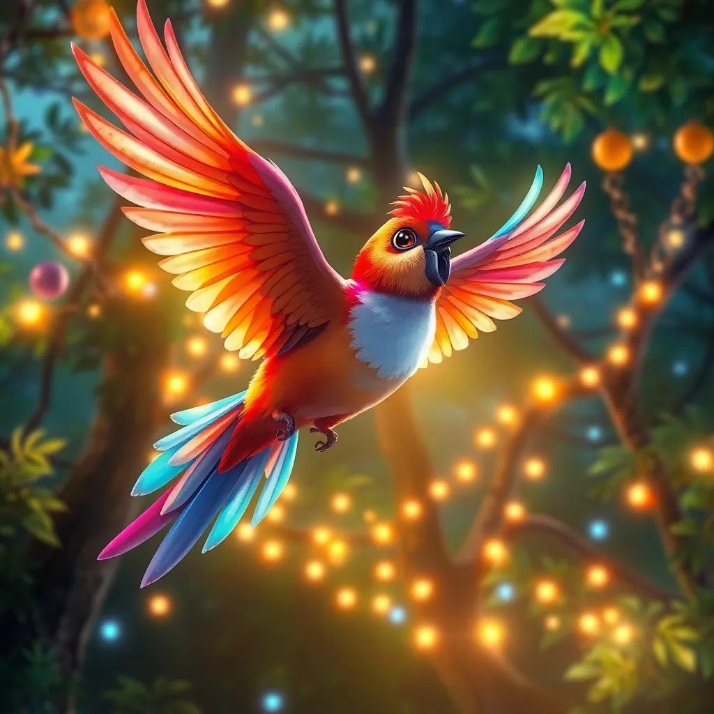 Un pájaro multicolor volando con papel de colores en su pico, sobre un bosque adornado, ilustración, mágica, llena de luz y color