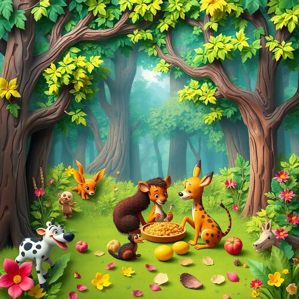 Un hermoso paisaje del bosque decorado con papel de colores, los animales riendo y compartiendo comida, digital art, vibrante, alegre