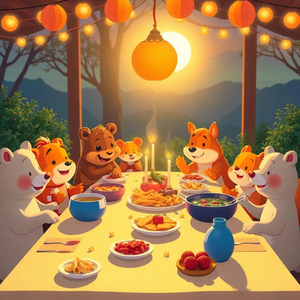 Una mesa festiva llena de comida deliciosa, con animales disfrutando juntos, bajo la luz dorada del atardecer, ilustración, cálida y acogedora