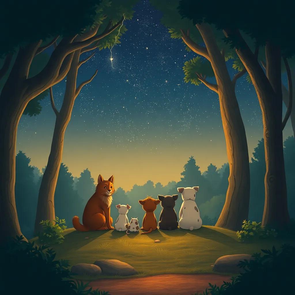 Un atardecer en el bosque, animales sentados en círculo mirando las estrellas, con el cielo estrellado, ilustración mágica, profunda y tranquila