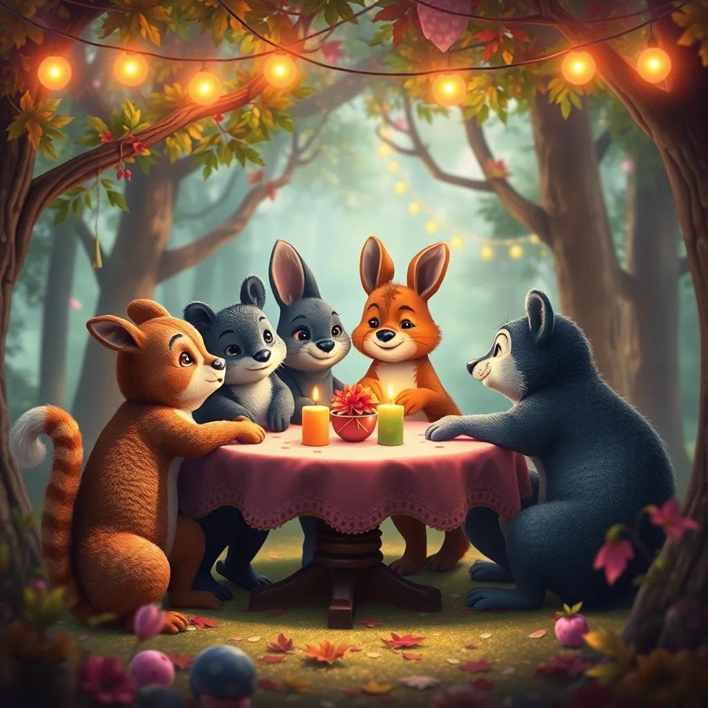 Animales del bosque abrazándose alrededor de su mesa festiva, rodeados de colores brillantes, digital painting, lleno de calidez y amor