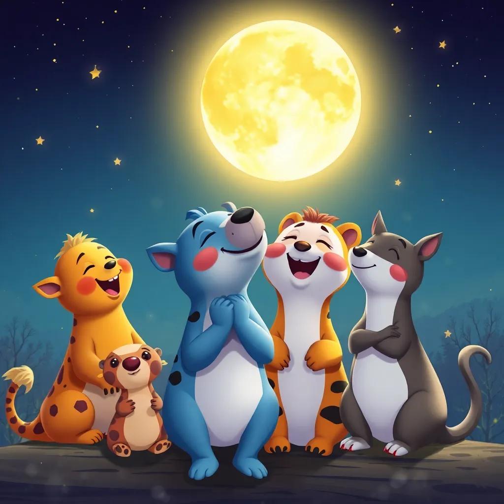 Animales de diferentes especies sonriendo y cantando juntos, celebrando su amistad bajo la luna llena, ilustración alegre, armoniosa y feliz