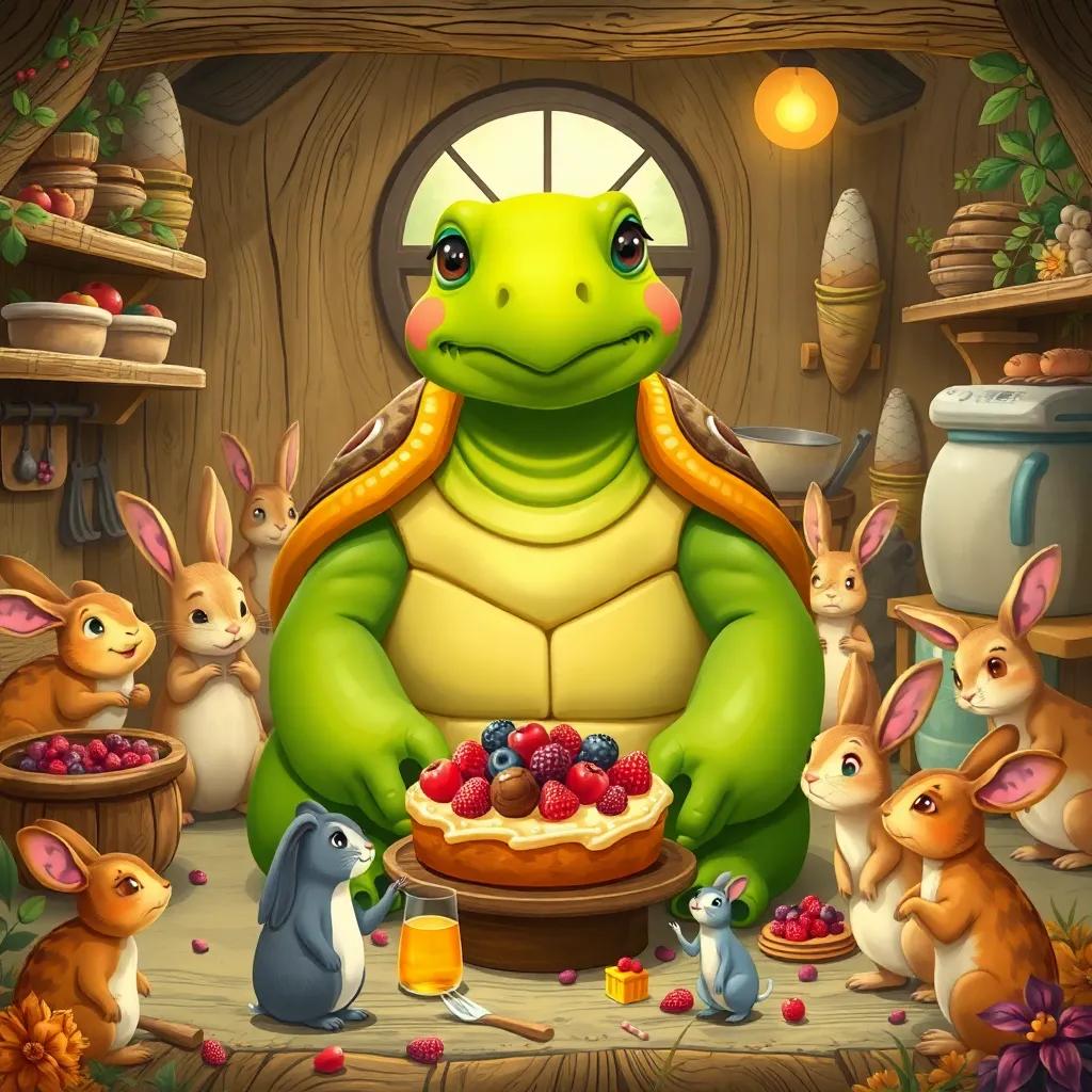 A large tortoise named Lucía surrounded by rabbits and mice in a cozy woodland kitchen, preparing cakes filled with berries and honey treats, whimsical illustration, vibrant colors, rustic feel, high quality