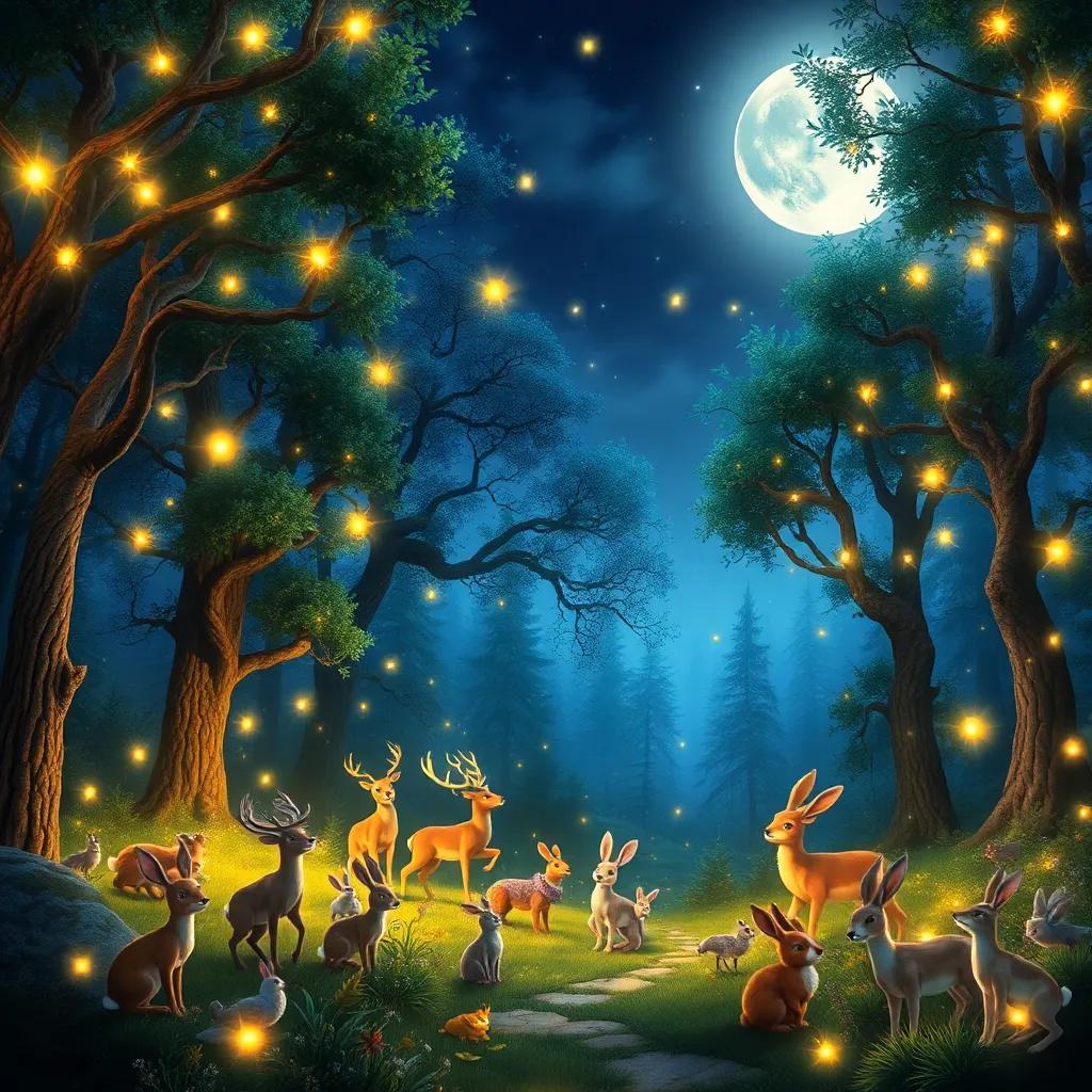 The enchanted forest illuminated at night with glowing lights, fireflies dancing in the air, animals of various kinds like deer, rabbits, and birds joyfully gathering and celebrating under the moonlight, magical atmosphere, detailed digital art, high quality